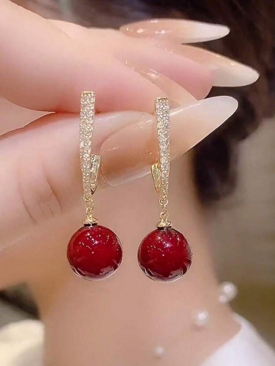 Rhinestones-Red Faux Pearl Earrings 925 Silver