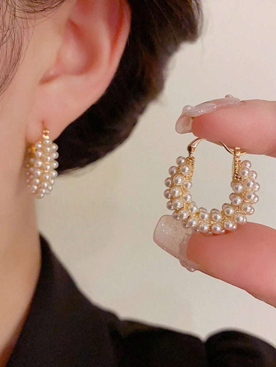 Faux Pearl & Circular Ear Studs, Korean Style