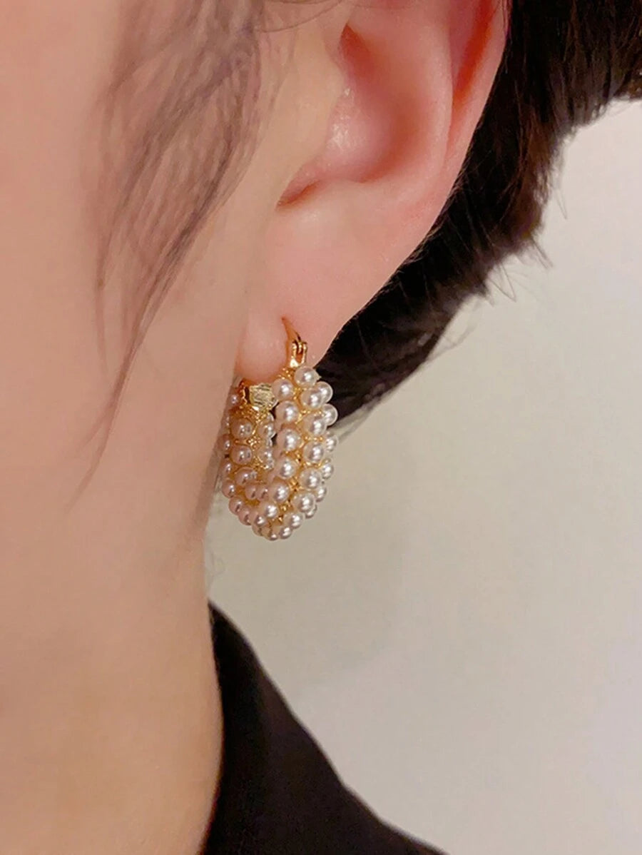 Faux Pearl & Circular Ear Studs, Korean Style