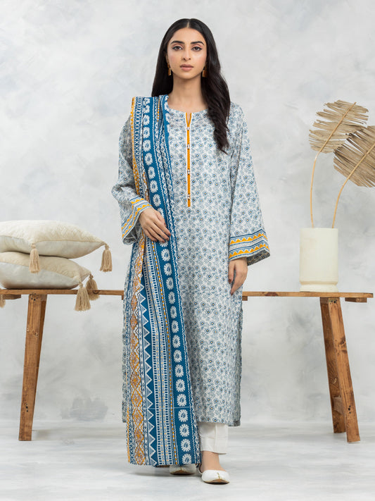 Cream & Blue Printed Lawn 3 Piece