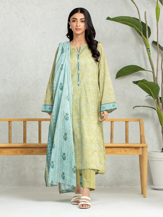 Light Olive Printed Lawn 3 Piece