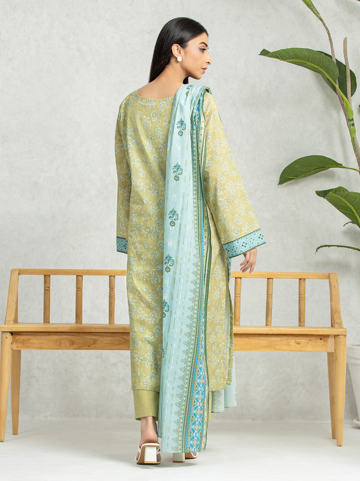 Light Olive Printed Lawn 3 Piece