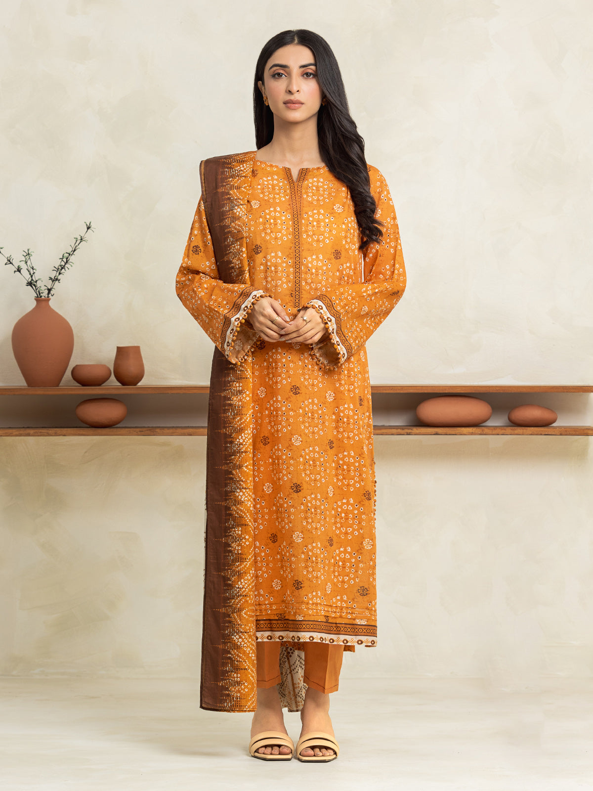 Orange Printed Lawn 3 Piece