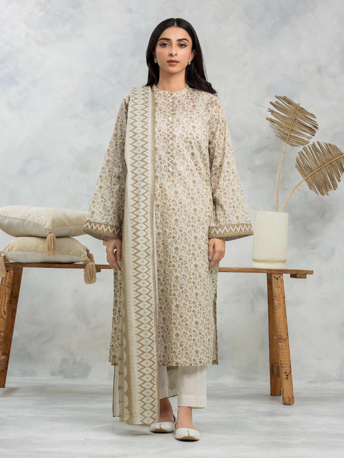 Light Beige Printed Lawn 3 Piece