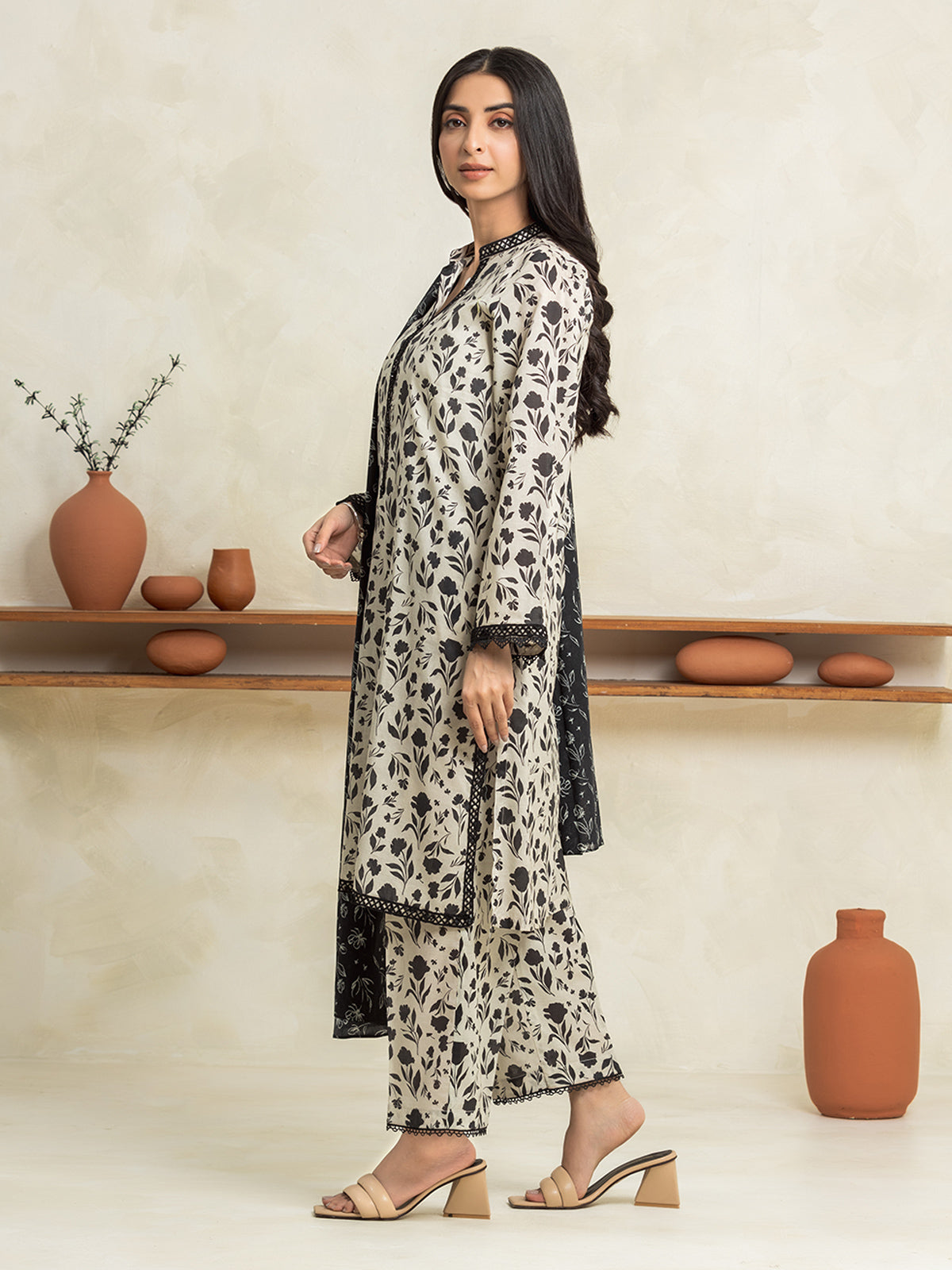 Beige & Black Printed Lawn 3 Piece