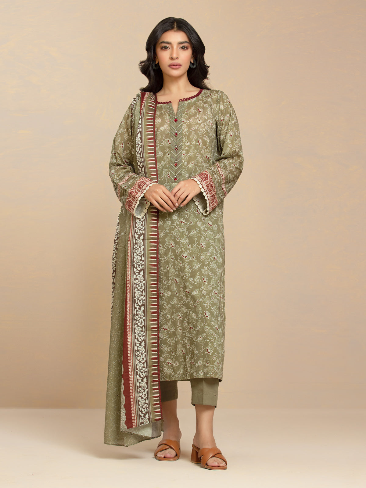 Olive Printed Lawn 3 Piece