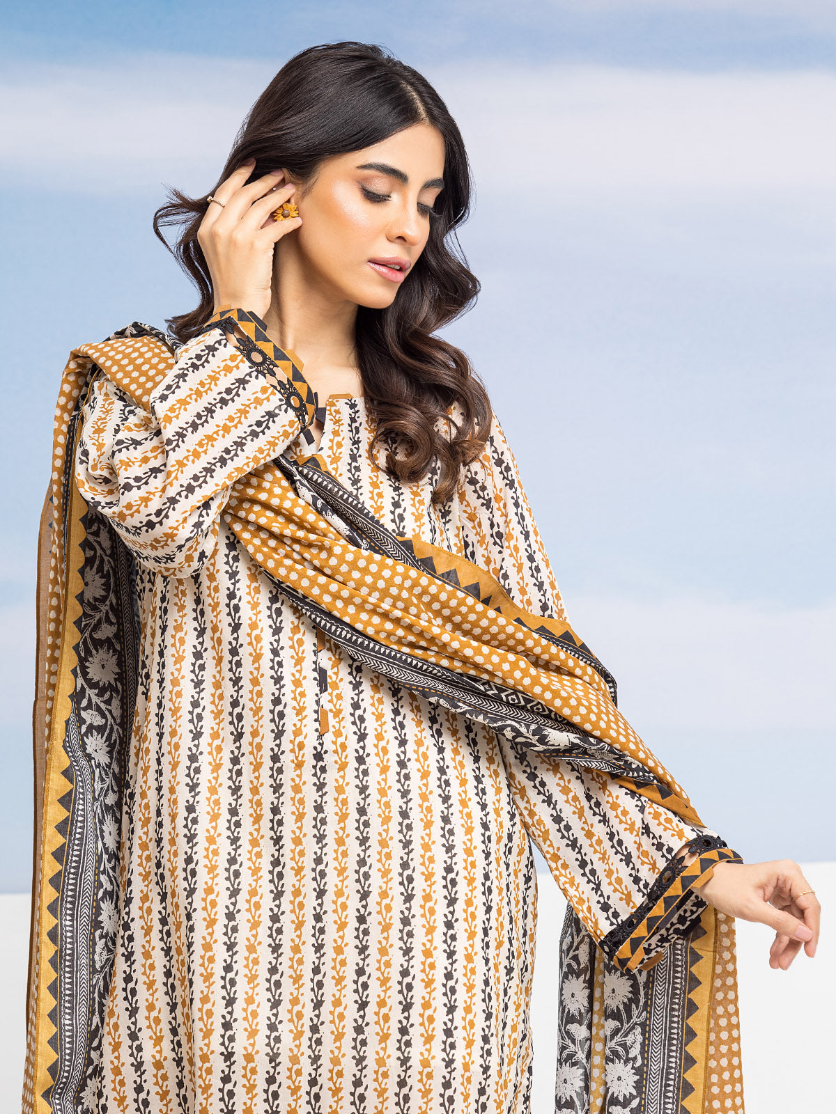 Dark Cream Printed Lawn 3 Piece