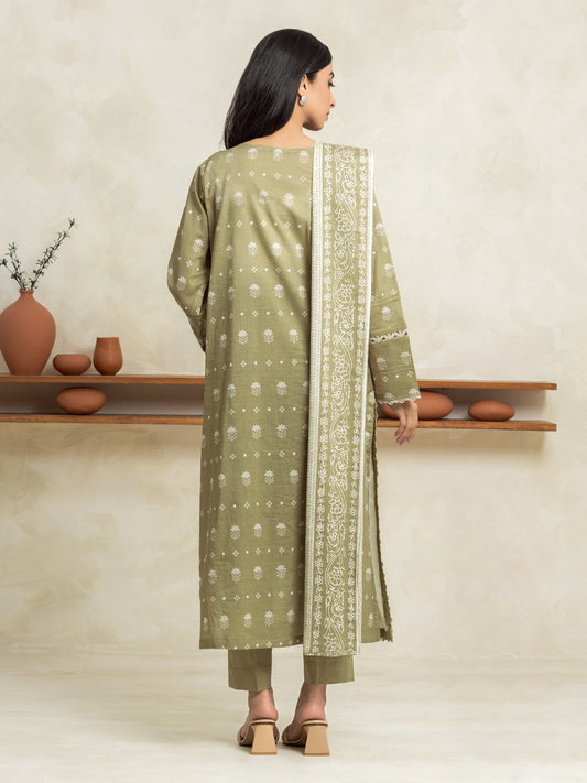 Light Olive Printed Lawn 3 Piece