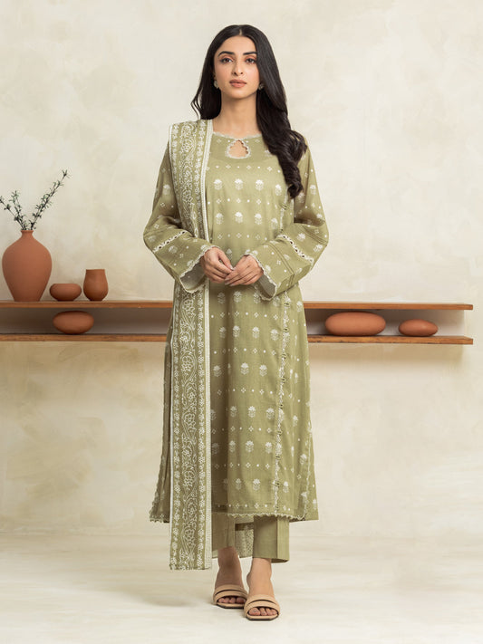 Light Olive Printed Lawn 3 Piece