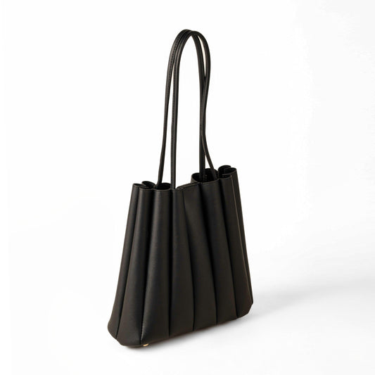 Shoulder Bag - Pleated Tote-Black