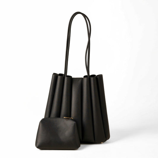 Shoulder Bag - Pleated Tote-Black