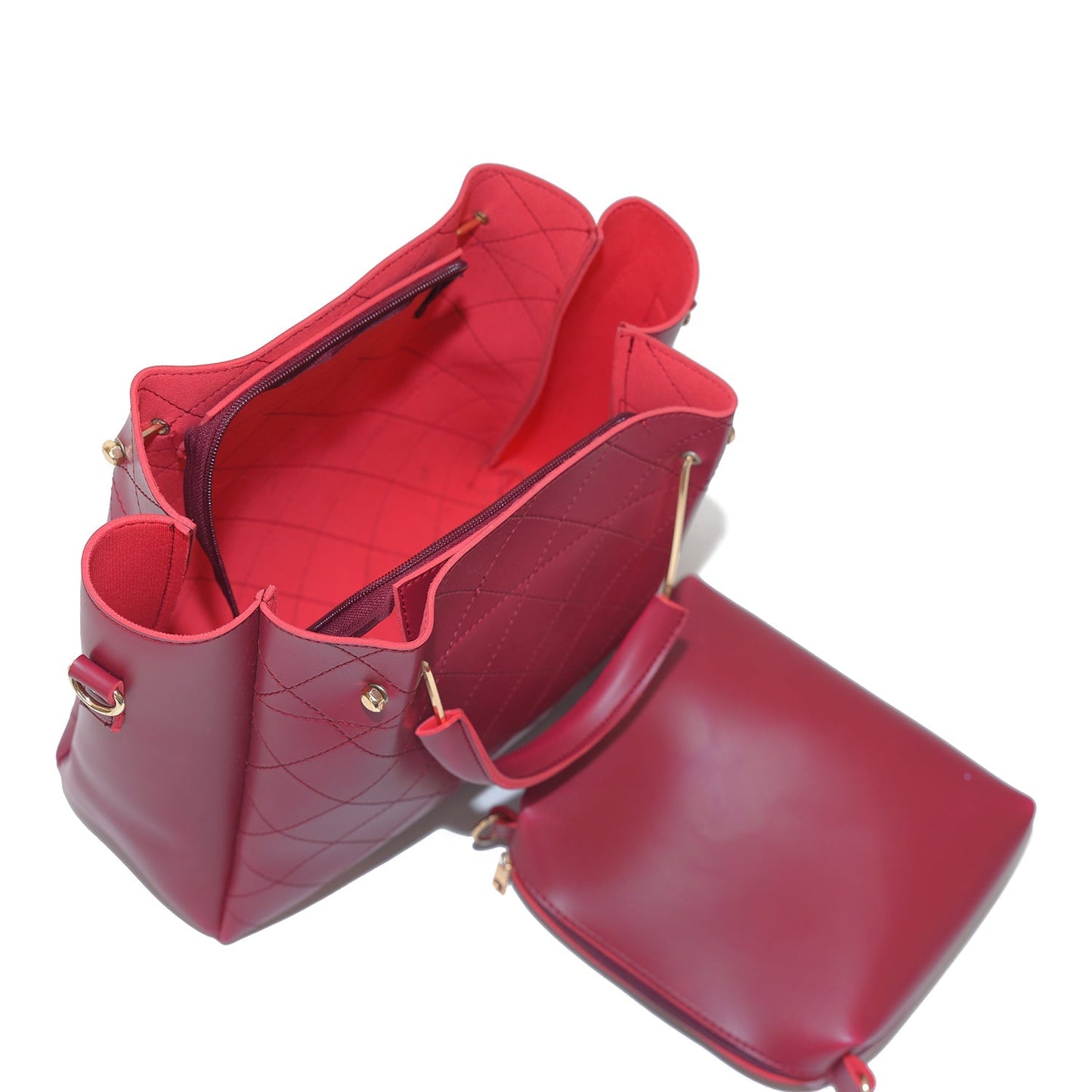 2Pcs Shoulder Bag - Faux Leather - Maroon