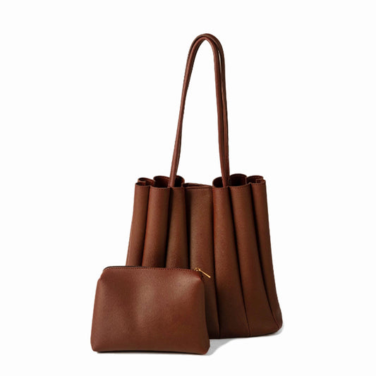 Shoulder Bag - Pleated Tote-Brown