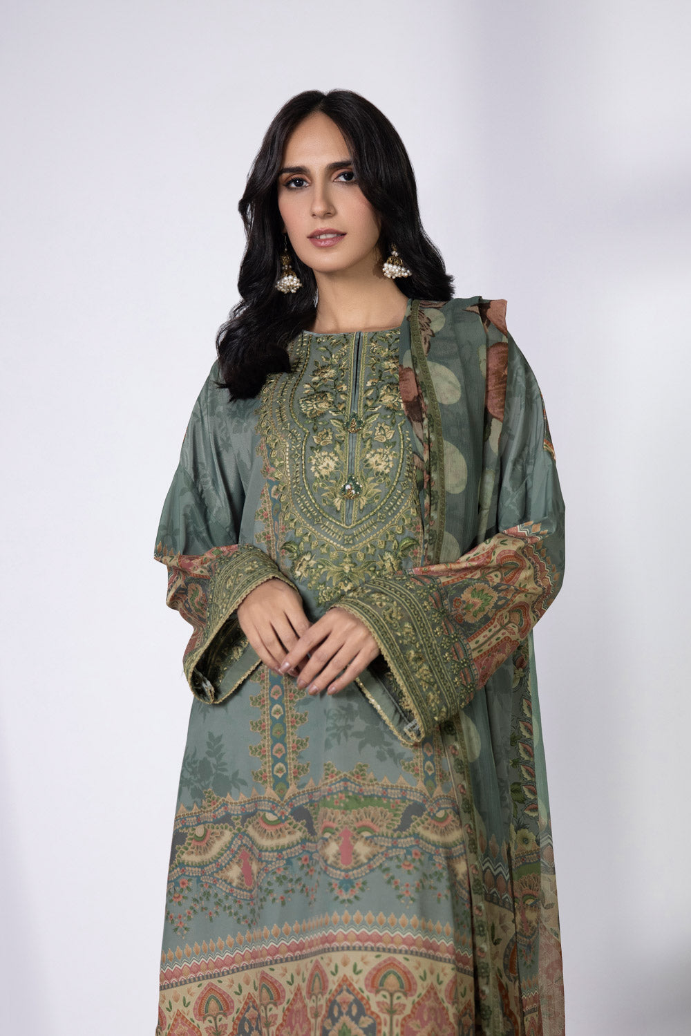 3 Piece - Embroidered Silk Suit - Green